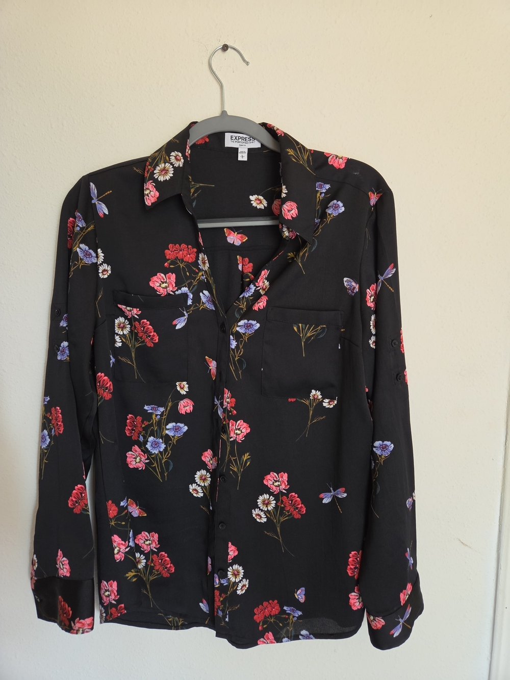 Express Black Floral Button-Up Blouse